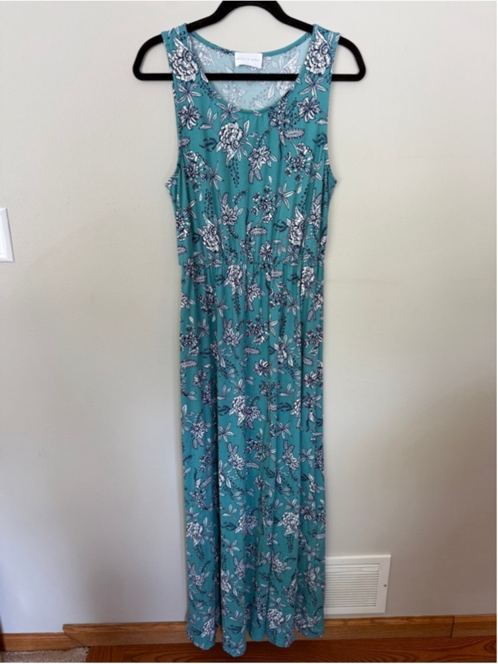 French Grey Sleeveless Maxi Dress Size Large EUC Teal Navy White